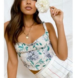 Cream Floral Crop Top with Teal and Gray Print